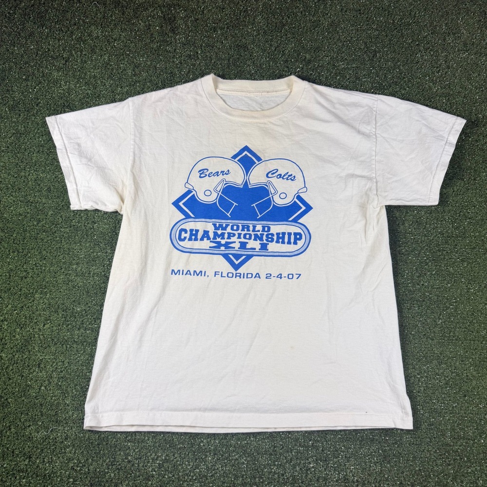 Vintage 2007 Super Bowl XLI T-Shirt Bears vs Colts Miami Florida Blue Cream L